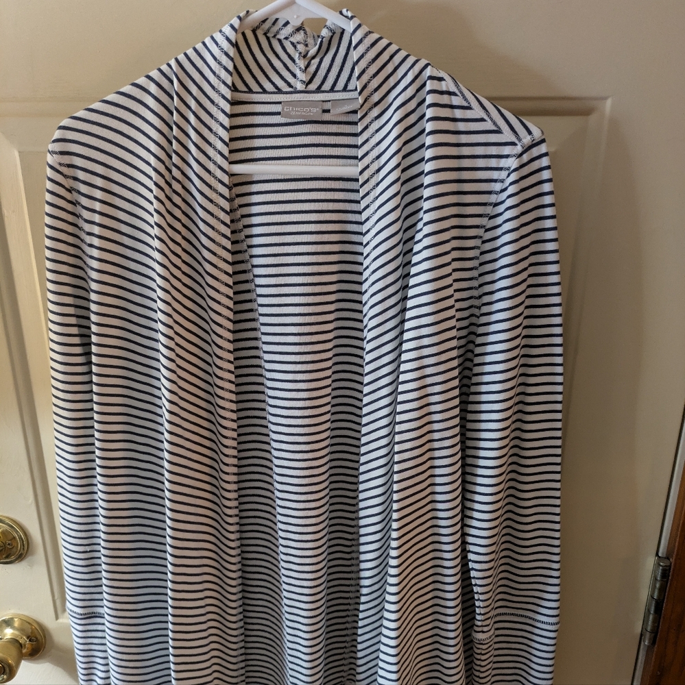 Chico's Navy & White Stripe Knit Asymmetrical Open Cardigan